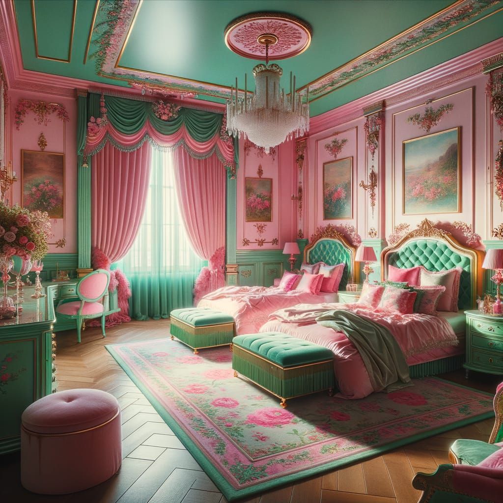 Maximalist Bedroom: Pink Walls, Mint Ceiling, Gold Accents