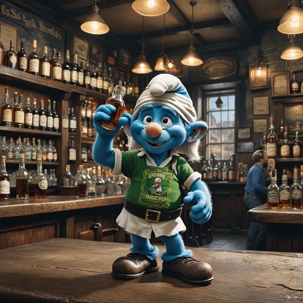 Smurf with Irish Whiskey in Pub, Ultra-Realistic