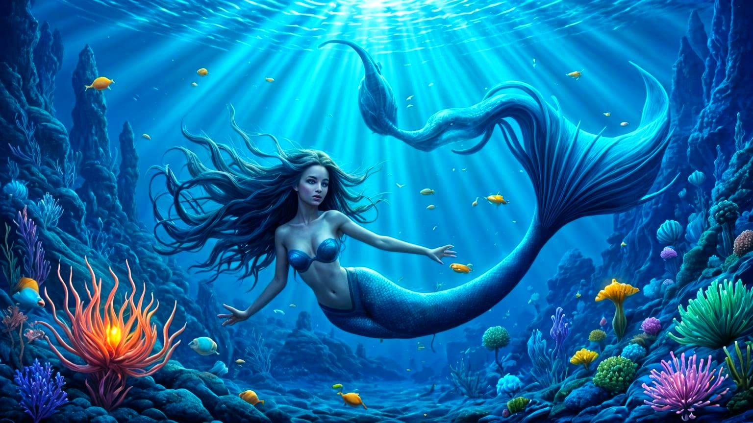 Mermaid Swimming With Narwhal in Deep Sea