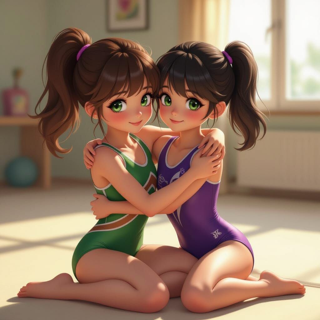 Gymnasts' Heartfelt Embrace: Photorealistic 3D Anime Art