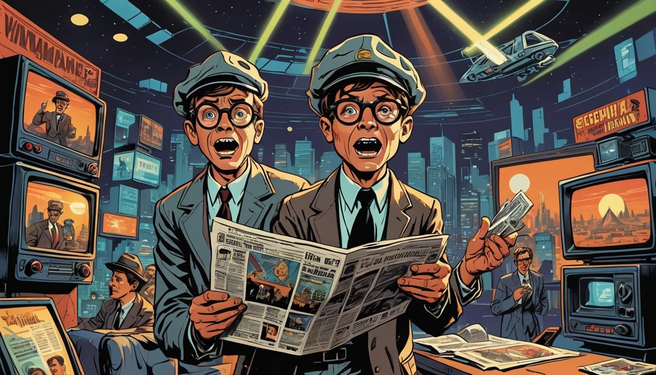 Retro-Futuristic Comic Book Art with Screaming Newsboy