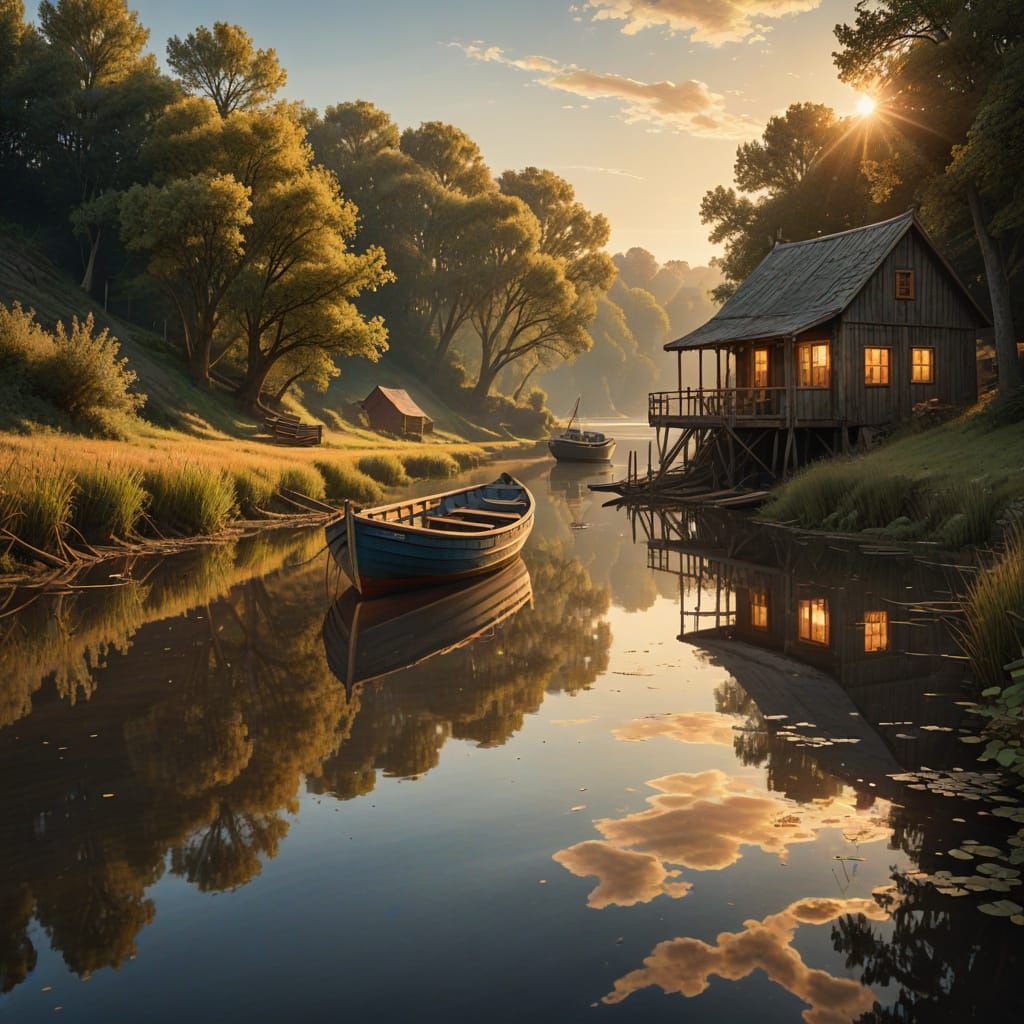 Golden Hour Riverside View with Boats and Cabin