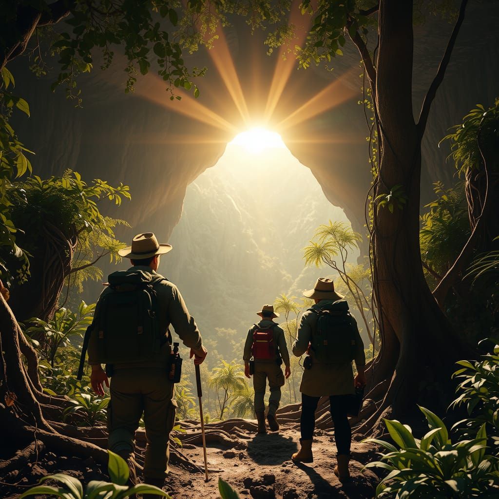 Jungle Cave Explorers in Hyper-Real 3D Style