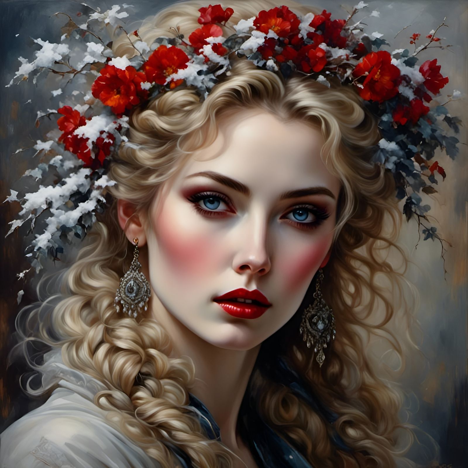 Hyperrealistic Winter Portrait of Woman with Frozen Flowers