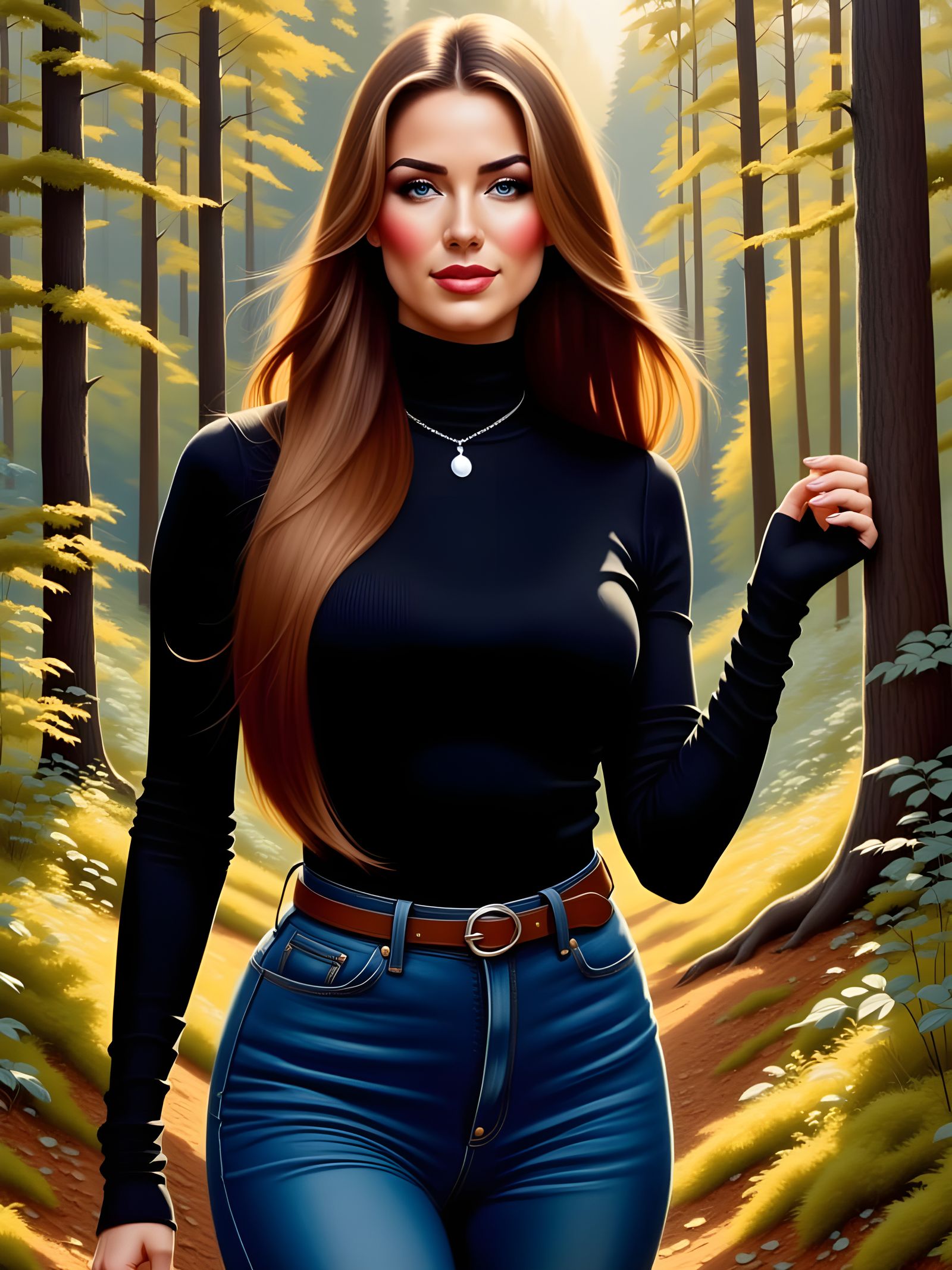 Enticing Woman in Forest, Oil Painting
