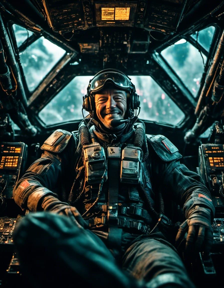 Pilot Stretches in Mecha Cockpit, Cyberpunk Portrait