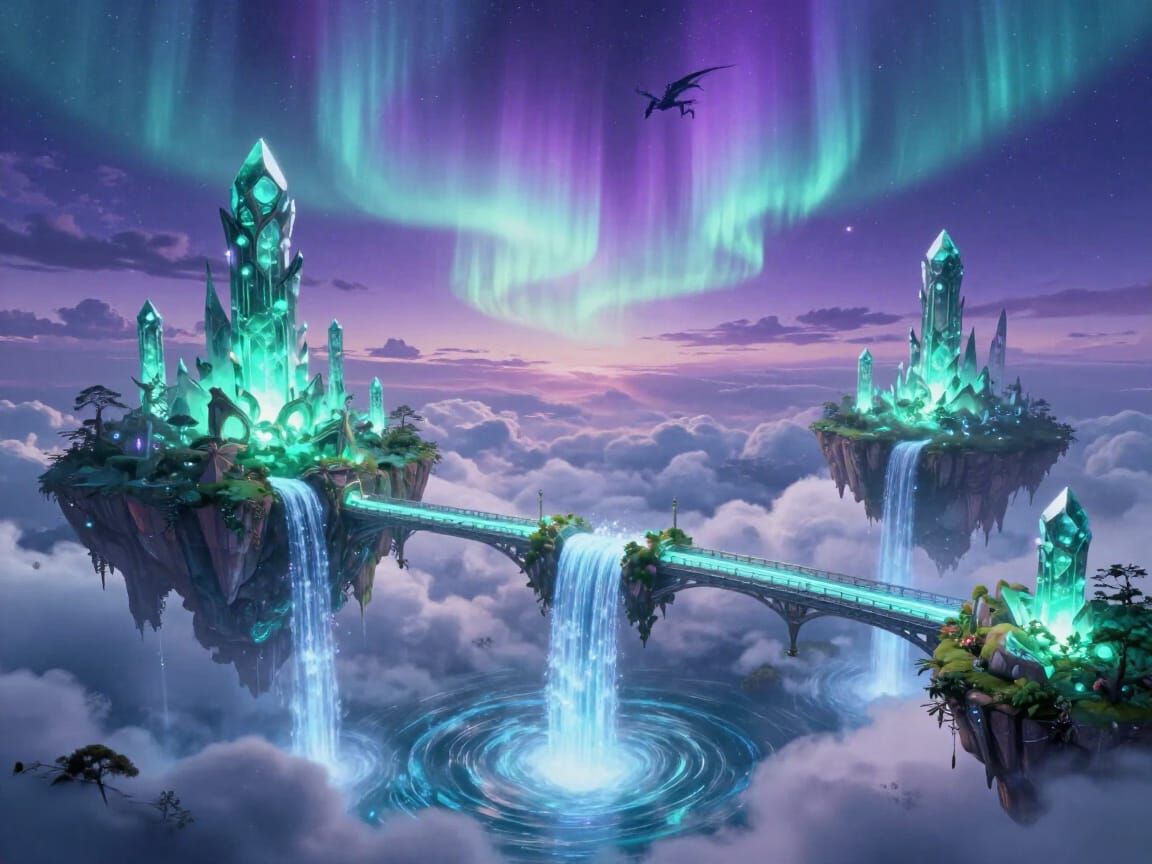 Magical Floating Islands with Emerald Light and Dragon