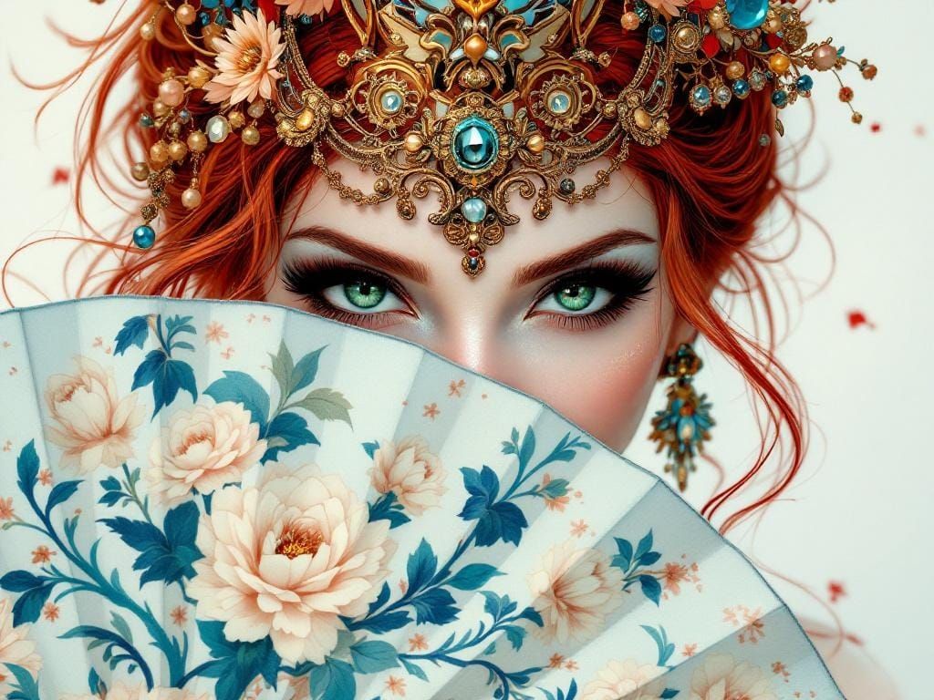 Anime Style Woman with Venetian Mask and Fan