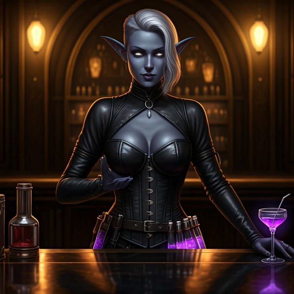 Dark Elf Bartender Mixing Drinks in Fantasy Tavern