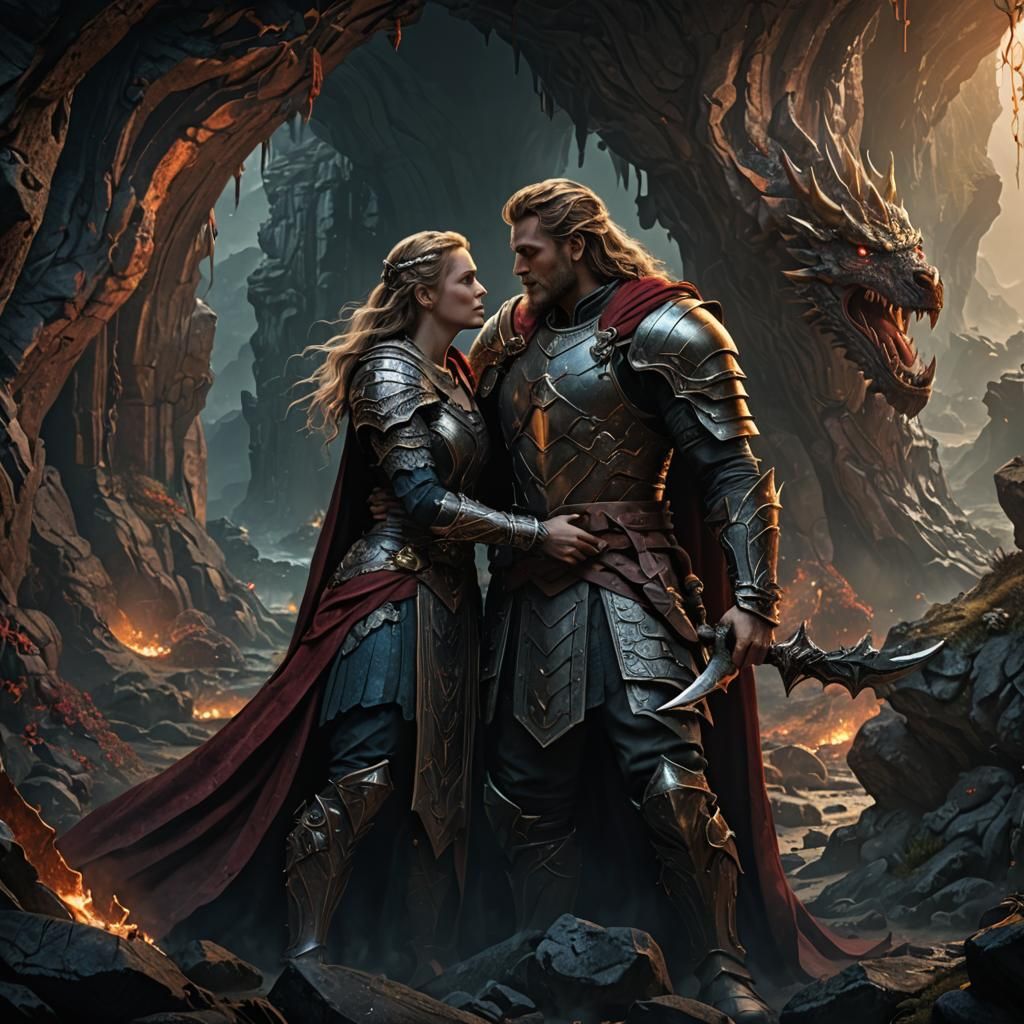 Brunhilde and Siegfried in Dragon's Cave: Fantasy Art