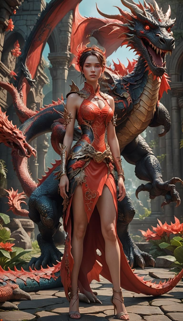 Woman with Dragon in Coral and Red, Detailed Matte Painting