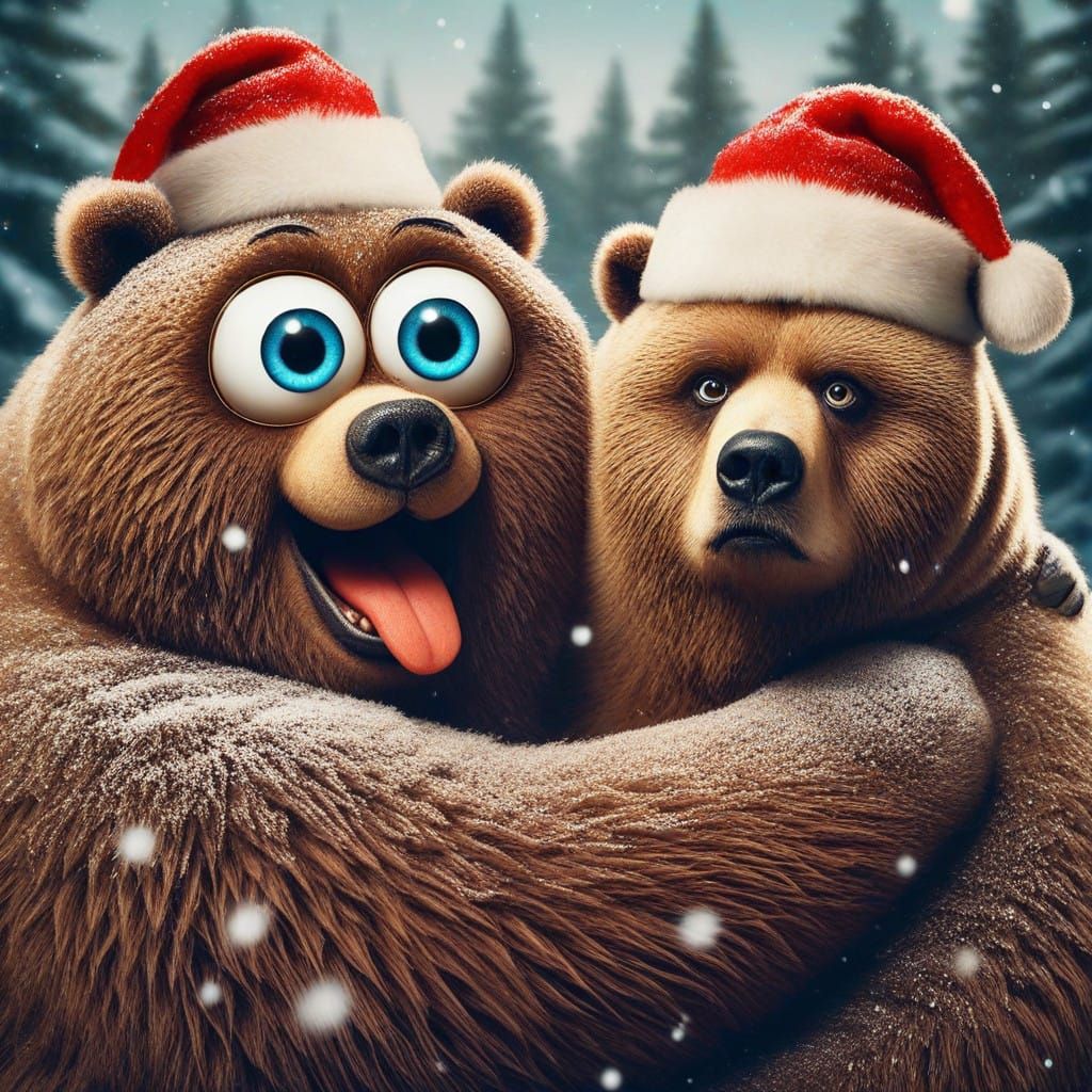 Amused Obese Bear Hugs Serious Bear in Winter Wonderland