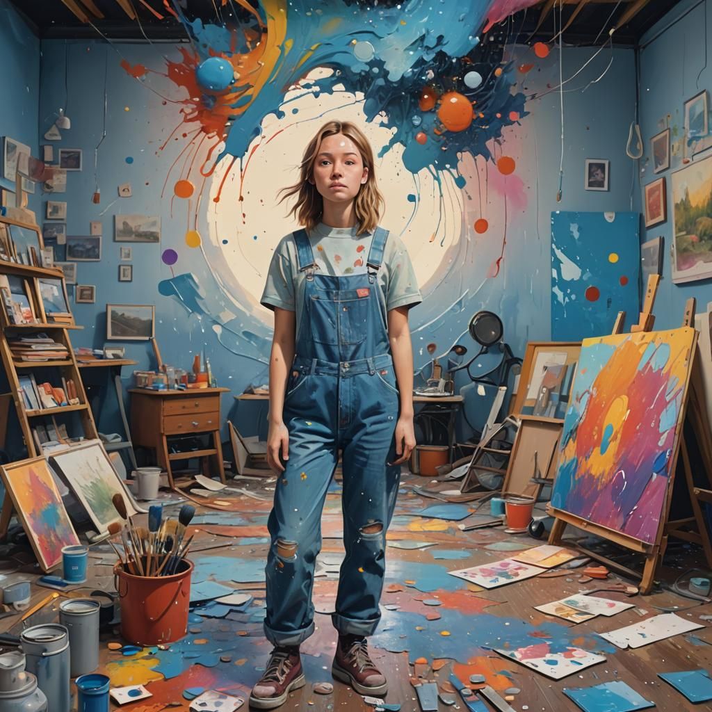 Girl Painting a Swirling World: Matte Painting Style