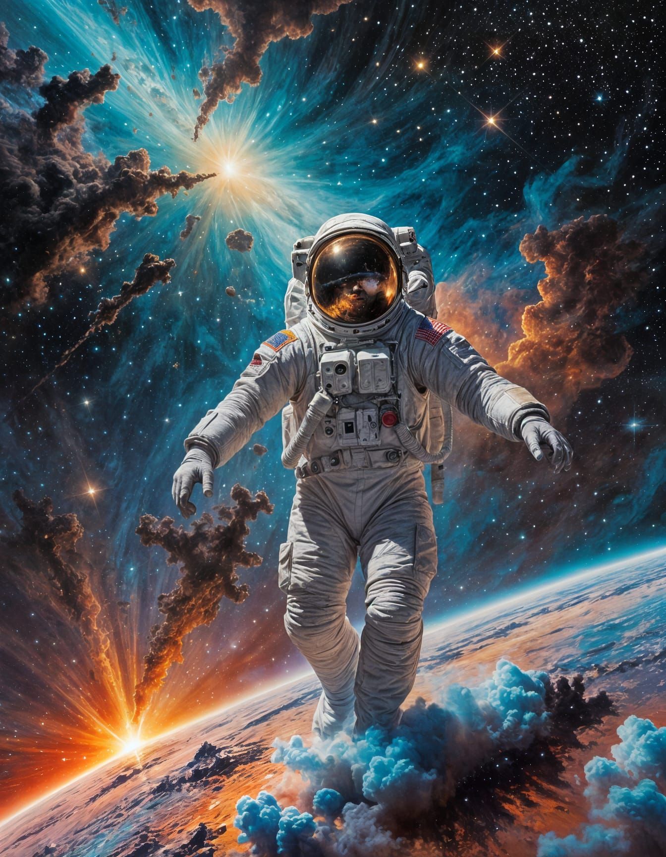 Astronaut Drifting Through Nebula: Impasto Oil Painting