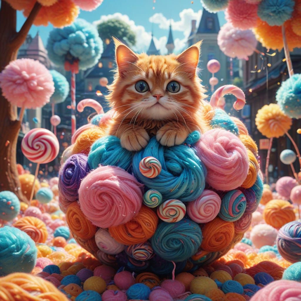 Whimsical Candyland Scene with Oversized Fluffy Kittens