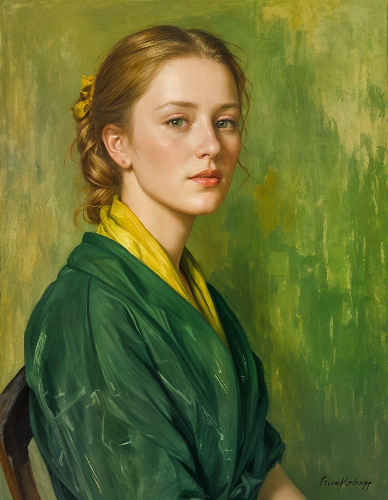 Woman in Yellow Scarf and Olive Green Gradient Background, 1...