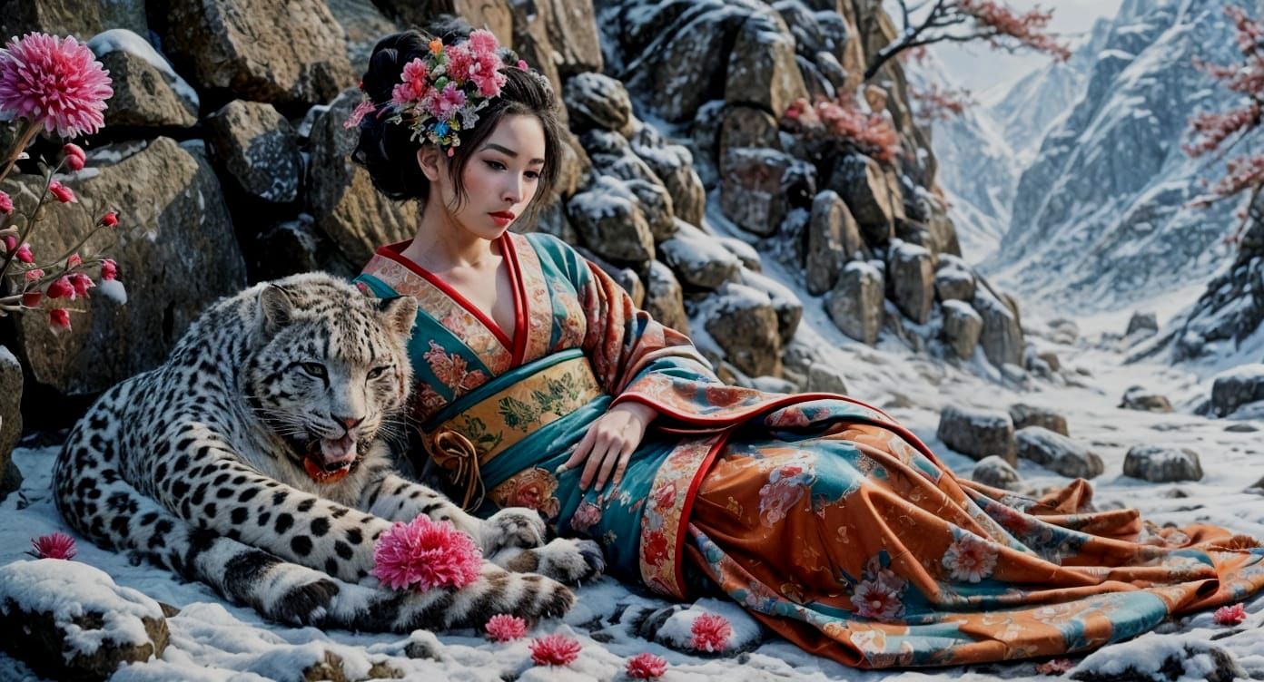 Geisha and Snow Leopard in Hyperrealistic Style