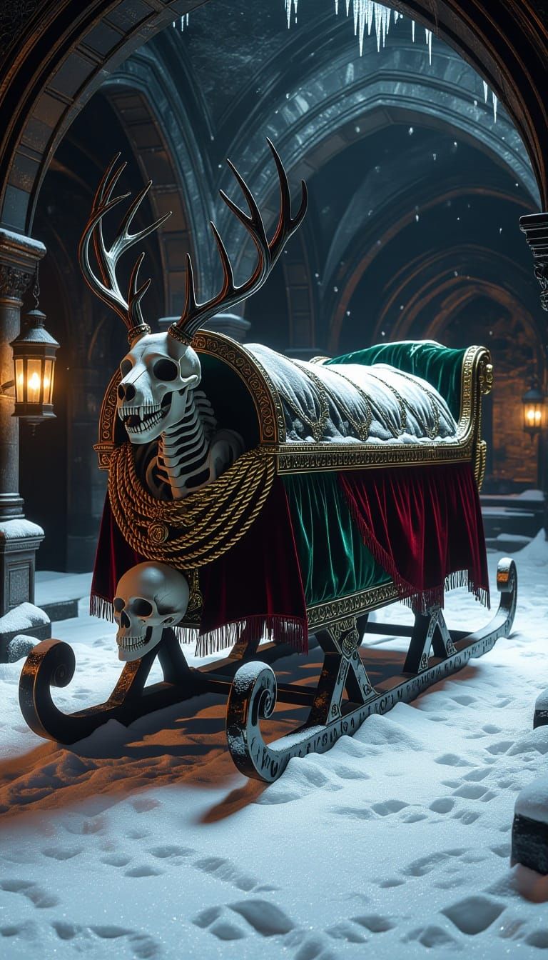 Macabre Sarcophagus Sleigh Pulled by Skeletal Hounds