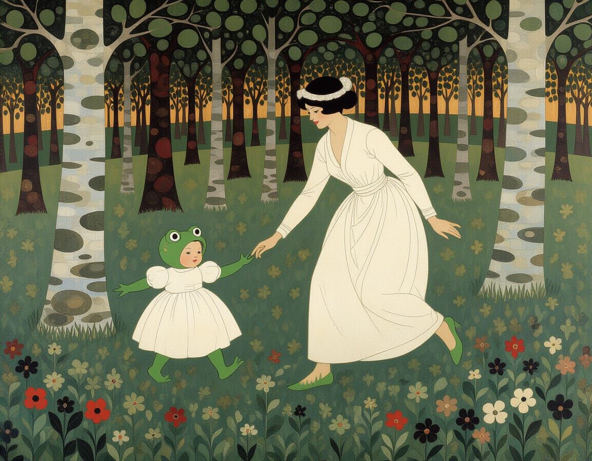 Woman and Child Frog Costumes in Forest, Art Nouveau