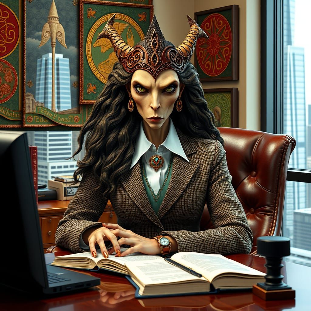 War Goddess in Modern Office Attire