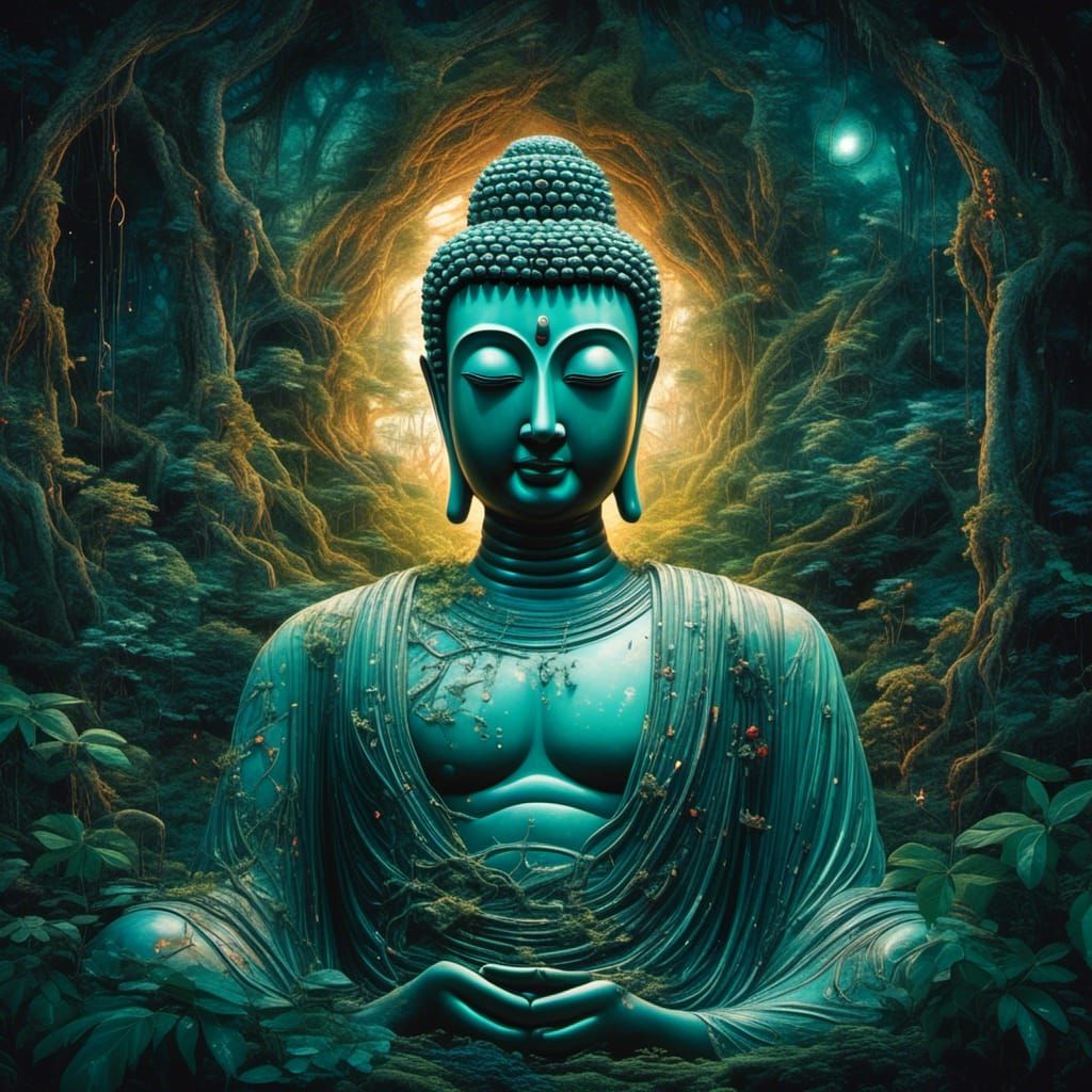 Buddha Statue in Jungle with Alien, Alcohol Ink