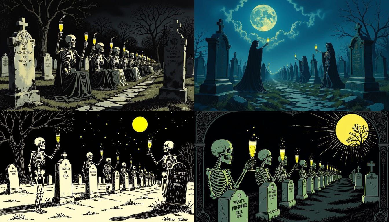 Skeletons Emerge From Graves With Champagne on Dark Night