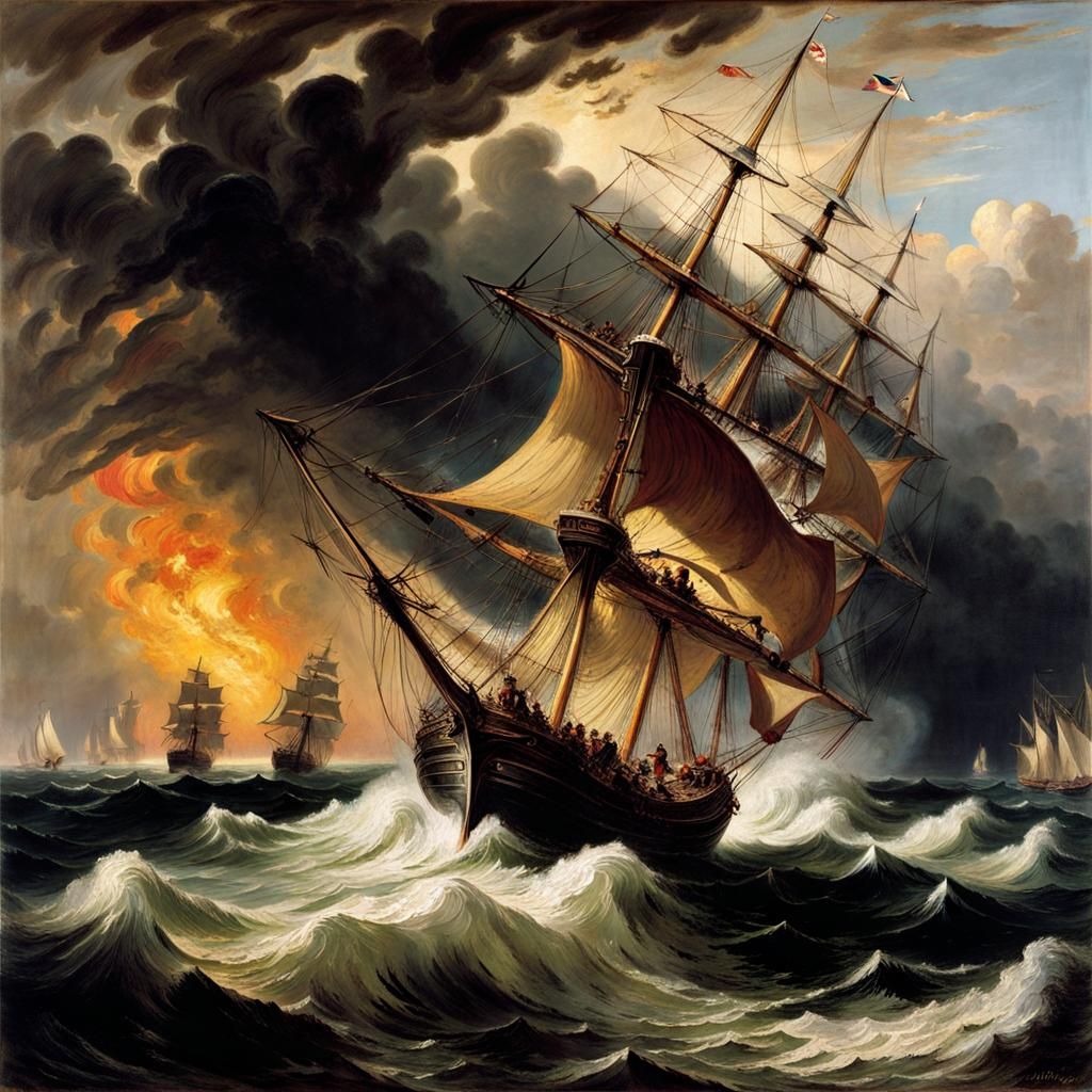Sailing Ships Clash in Tempestuous Seas