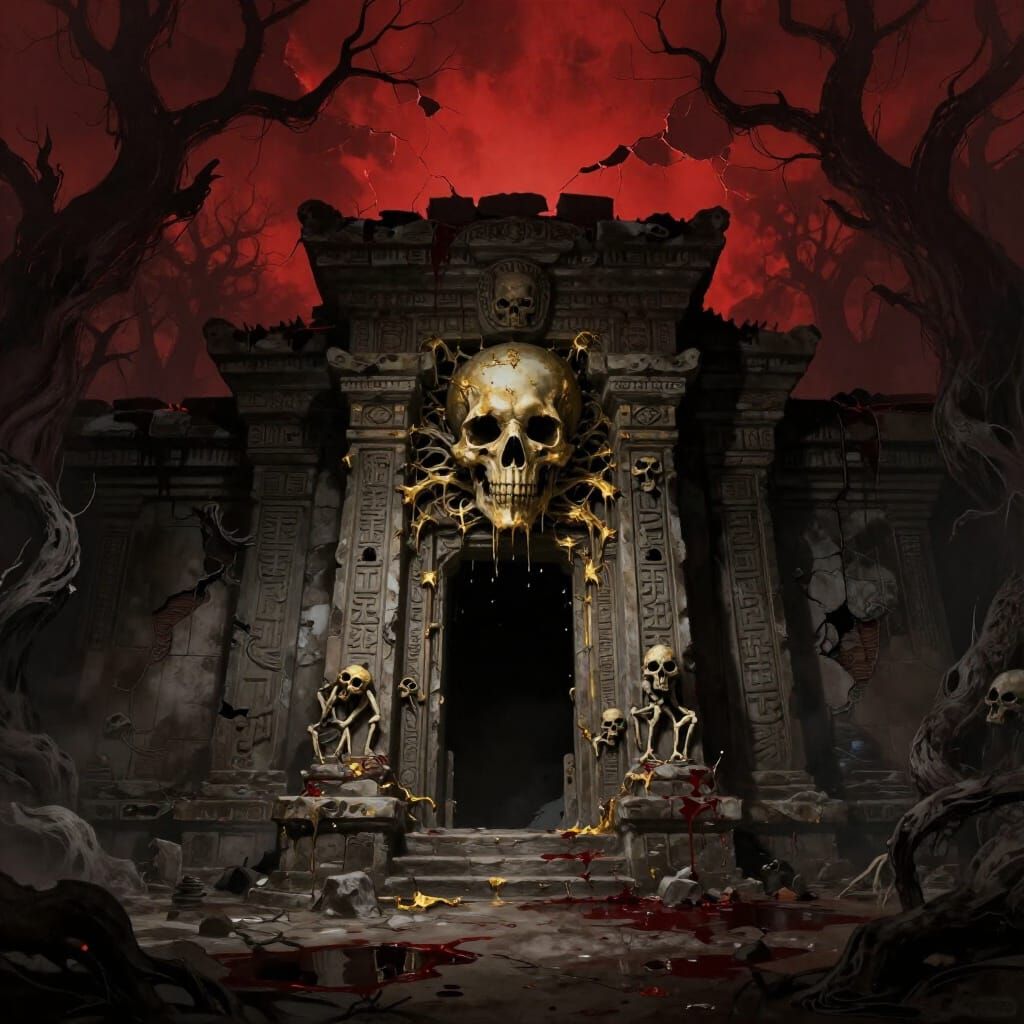 Haunted Temple of Dead God Under Blood Red Sky