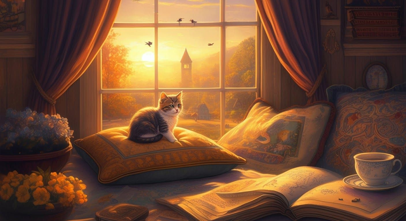 Ethereal Cat on Pillow in Golden Hour