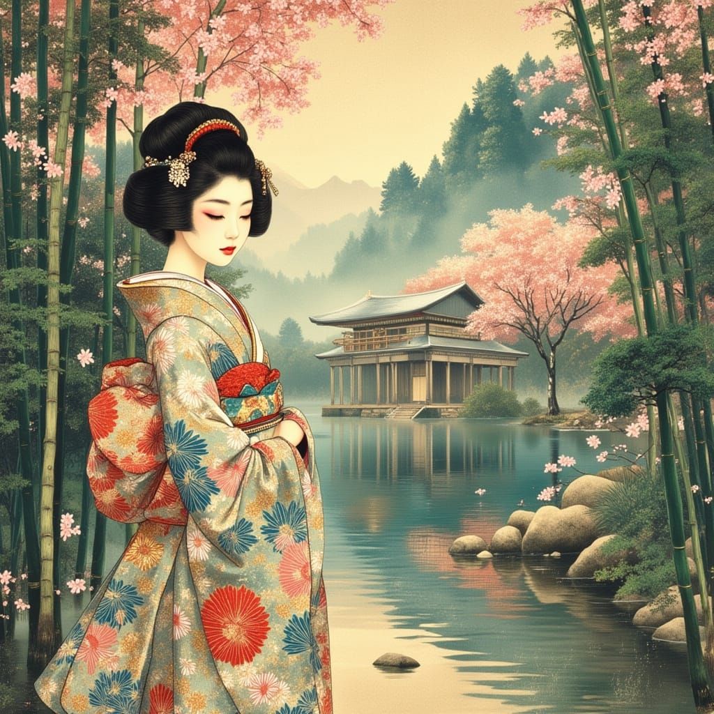 Geisha in Bamboo Forest, Ukiyo-e Style