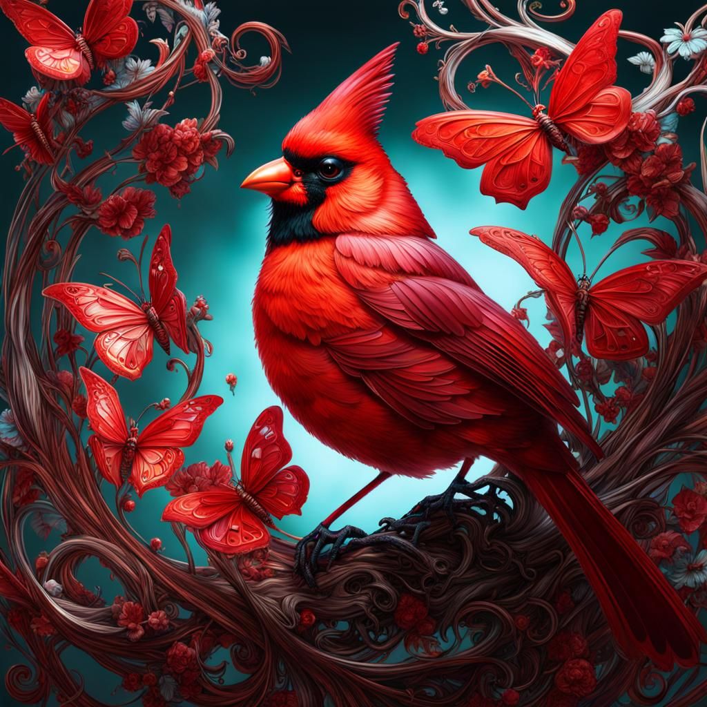 Glass Cardinal Catches Butterfly: Fantasycore Artwork