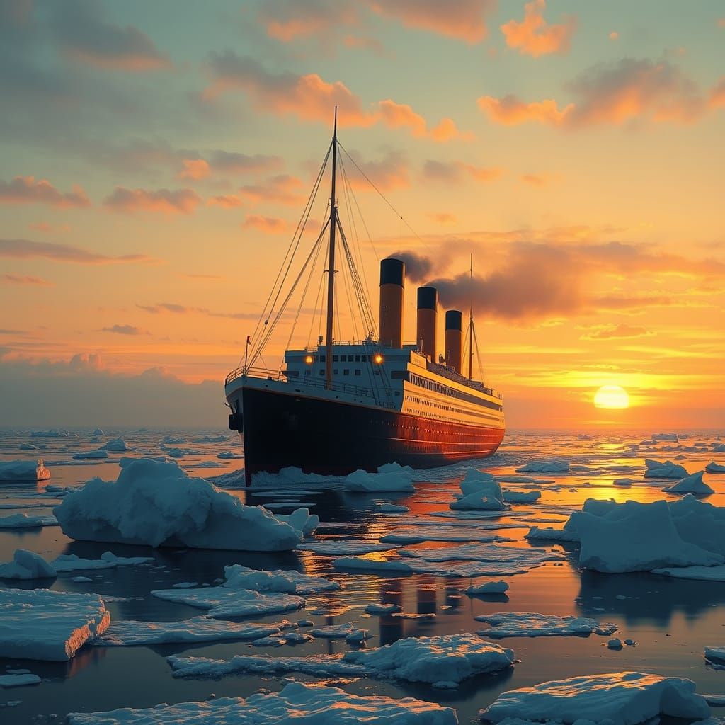 Titanic Sailing at Sunset in Retro-Futuristic Style