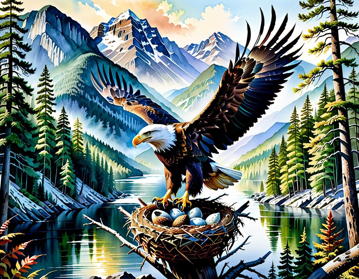 Watercolor Eagle Nest in Mountain Riverscape