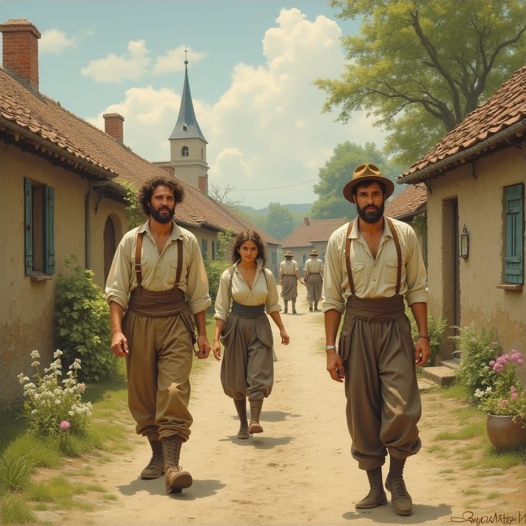 Quaint Village Scene in Earthy Tones