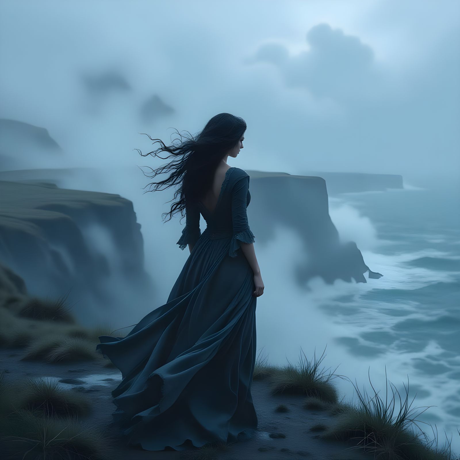 Solitary Woman on Windswept Cliff Overlooking Stormy Sea