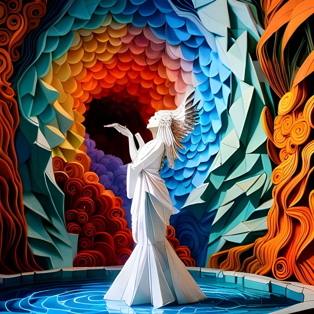 Origami Water Fountain with Goddess Statue