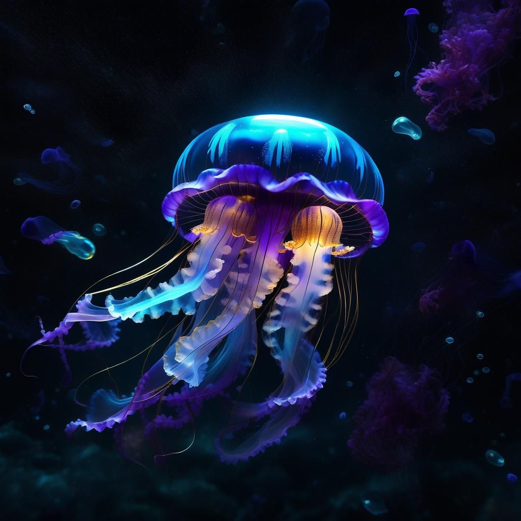 Bioluminescent Jellyfish in Dark Ocean, 3D Render