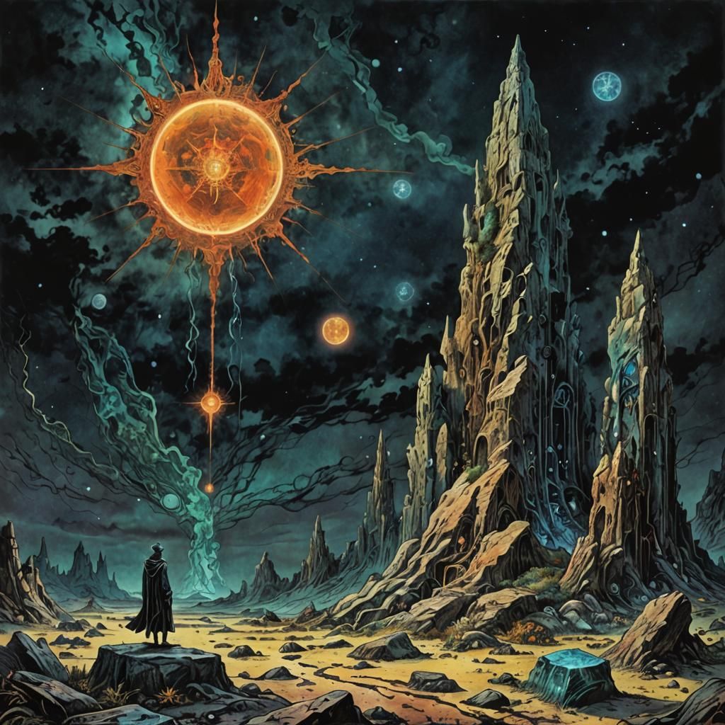 Occult Newt with Monoliths in Astral Illustration