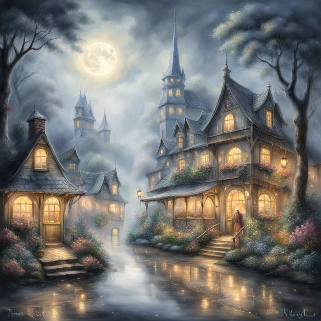 Fairytale Town in Mist: Hyperrealistic Charcoal Drawing