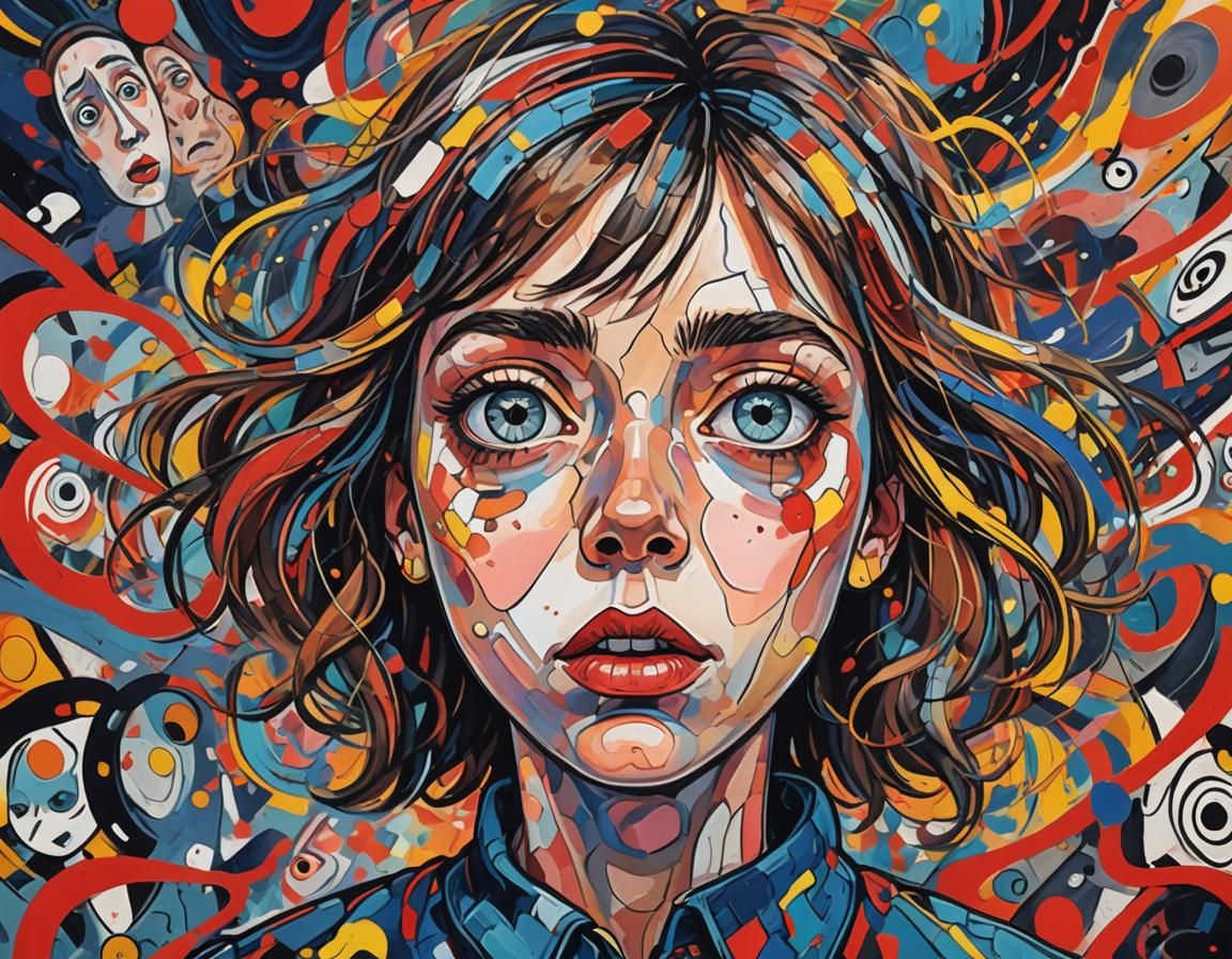 Expressive Art Brut Anime Portrait with Abstract Shapes