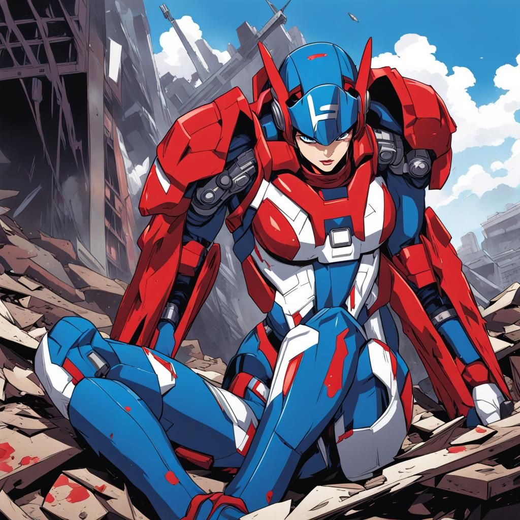 Injured Mecha Anime Heroine in Destroyed Building