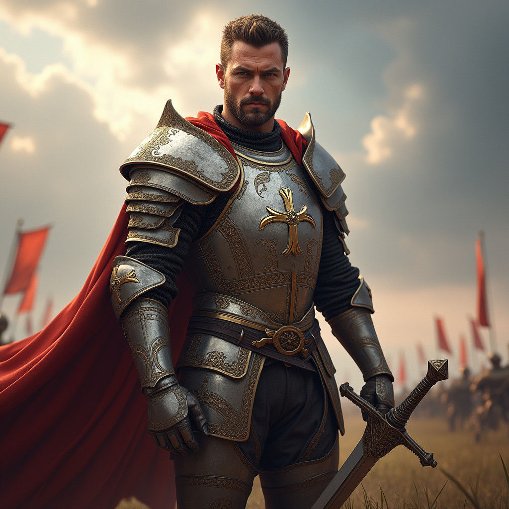 Knight in Shining Armor on Battlefield: Detailed Matte Paint...