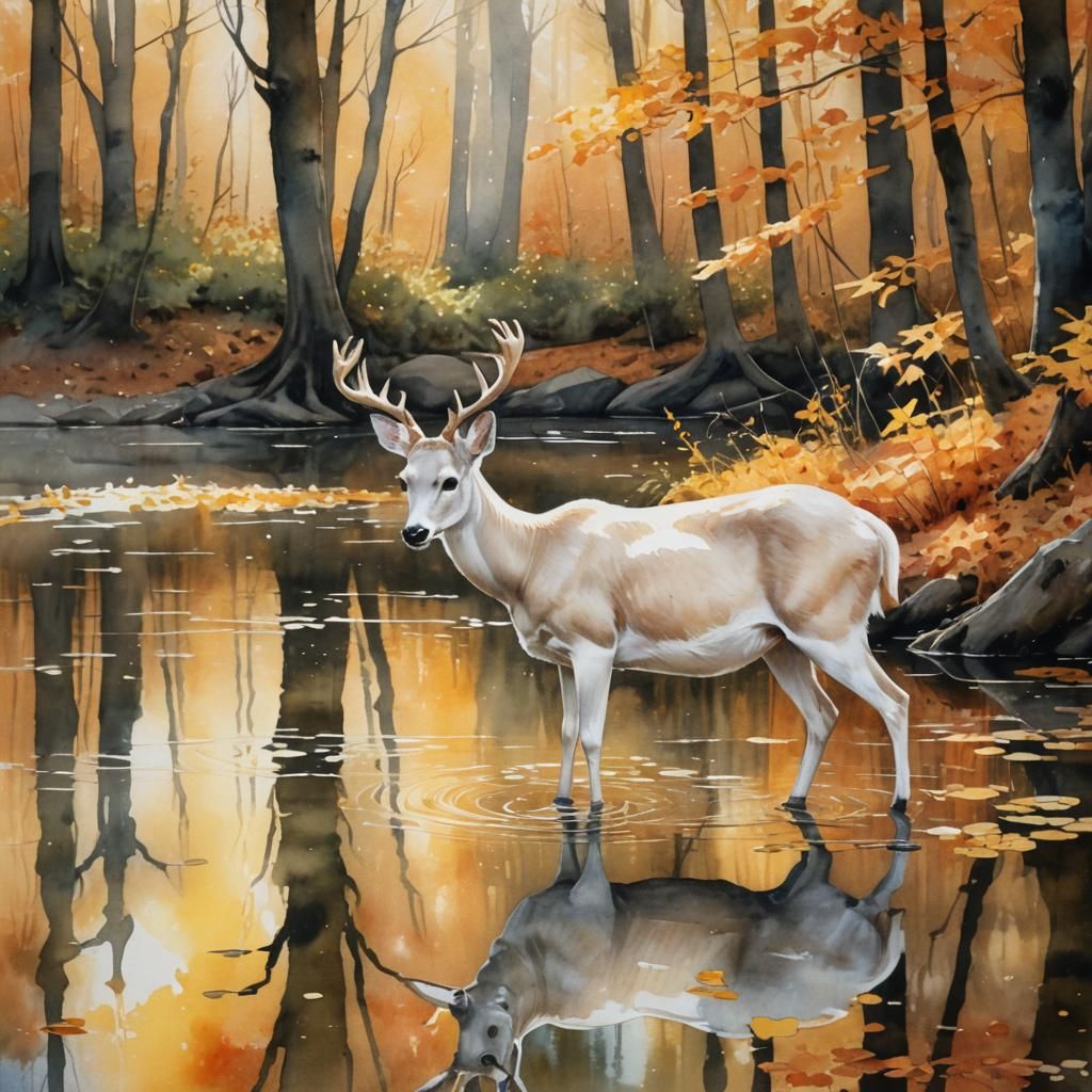 White Doe Drinks Gold in Autumn Watercolor Forest