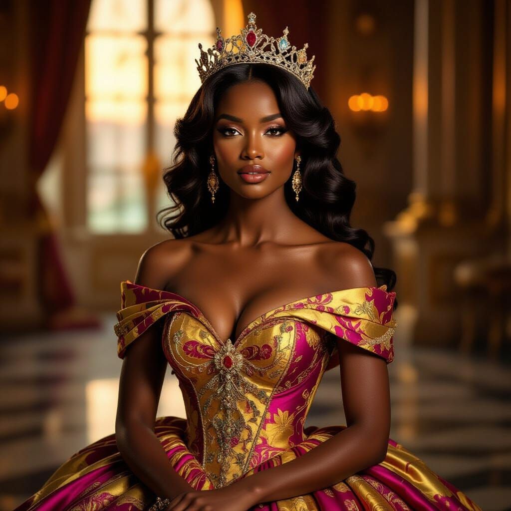 Photorealistic Black Princess in Ornate Gown