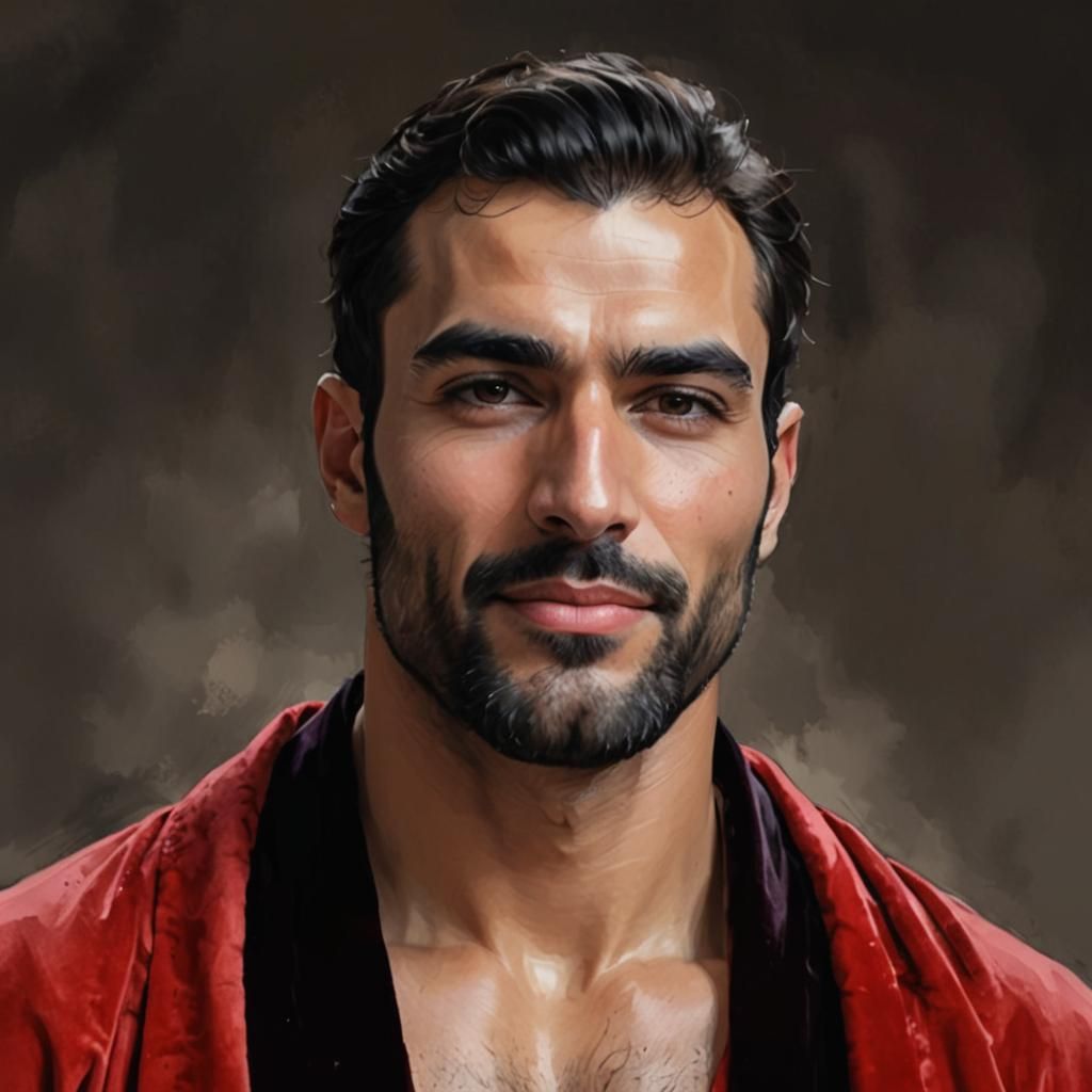 Handsome Man in Red Velvet Robe, Impasto Digital Art