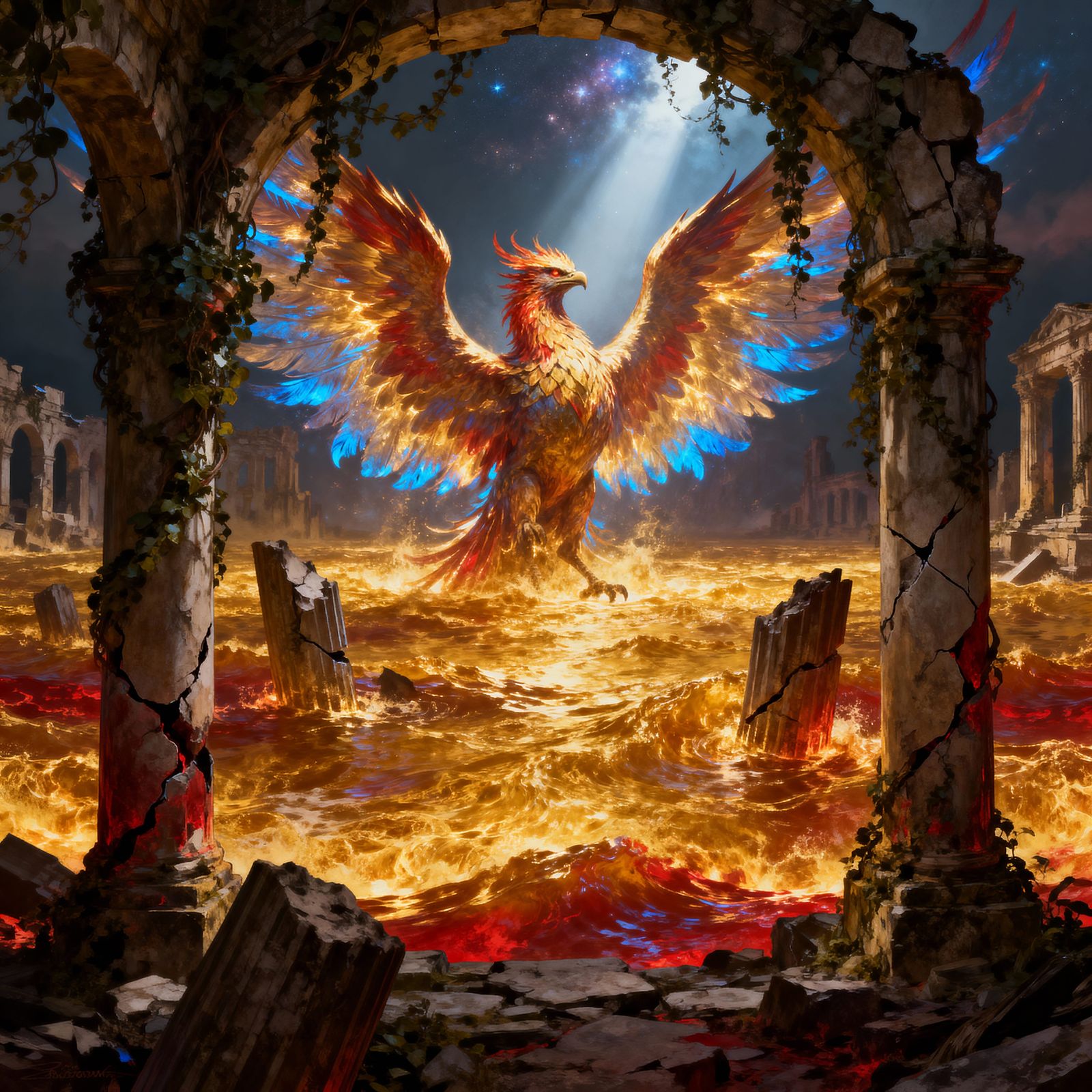 Ancient Phoenix Rises from Molten Gold in Epic Fantasy Art