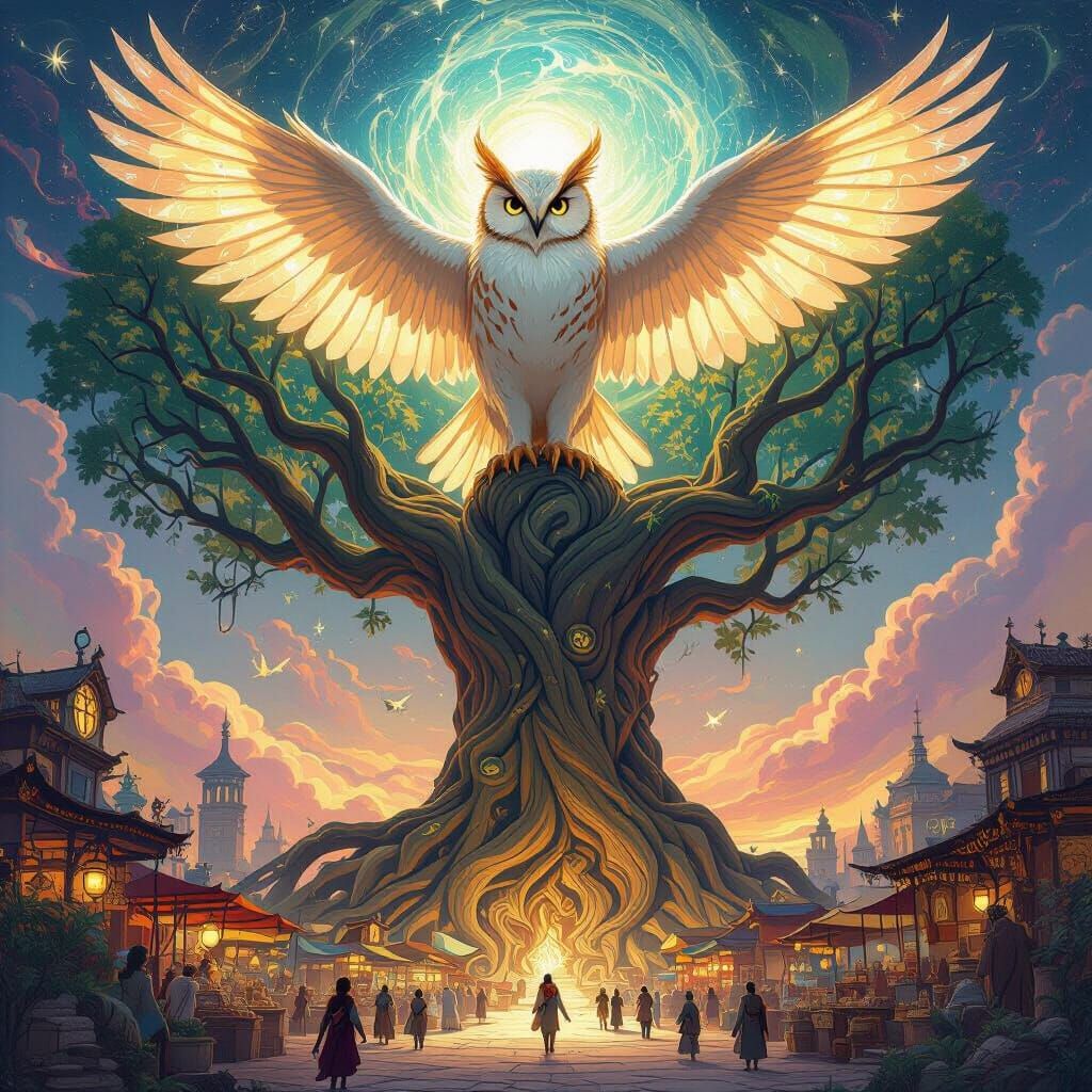 Giant Owl-Cat Hybrid on World-Tree in Nebula