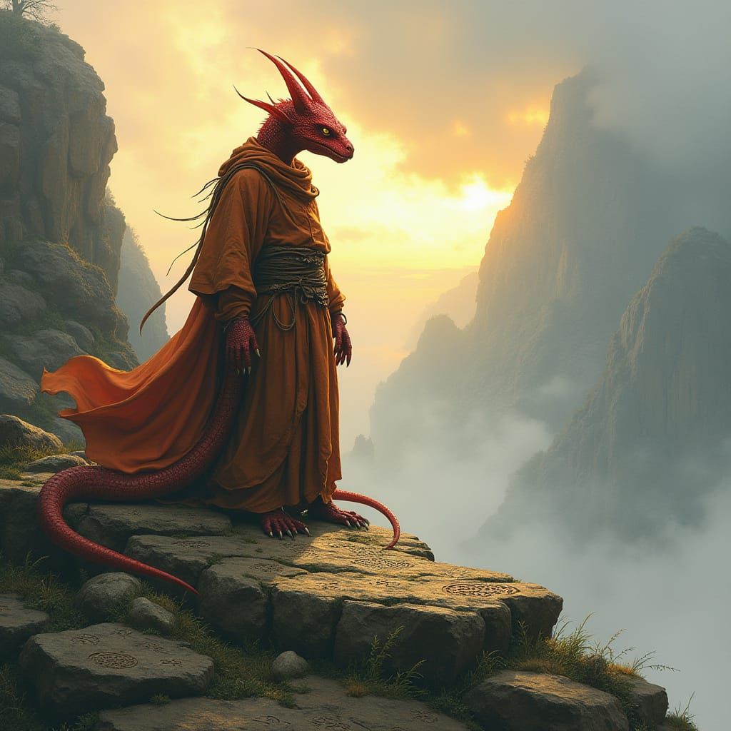 Kobold Monk Contemplation on Misty Mountaintop