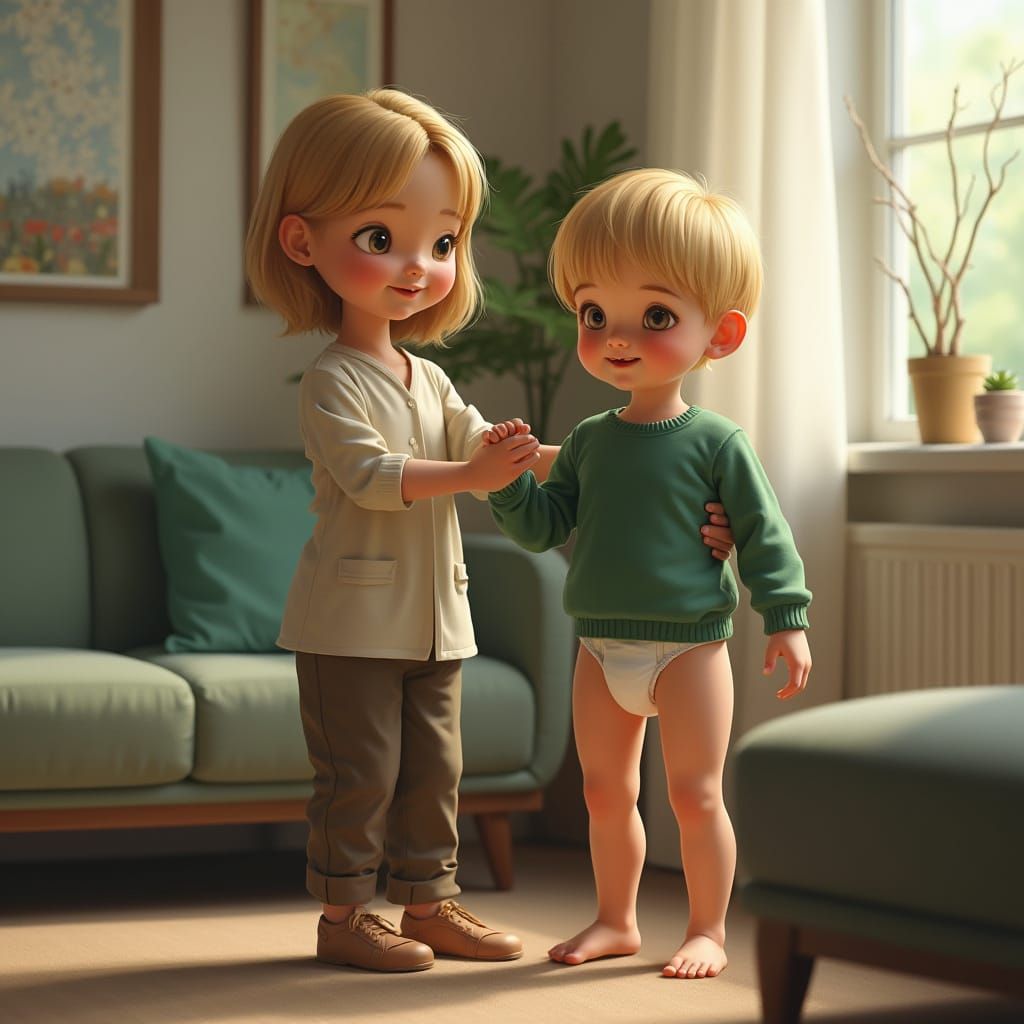 Realistic Portrait of a Blond Teenager in a Modern Living Ro...