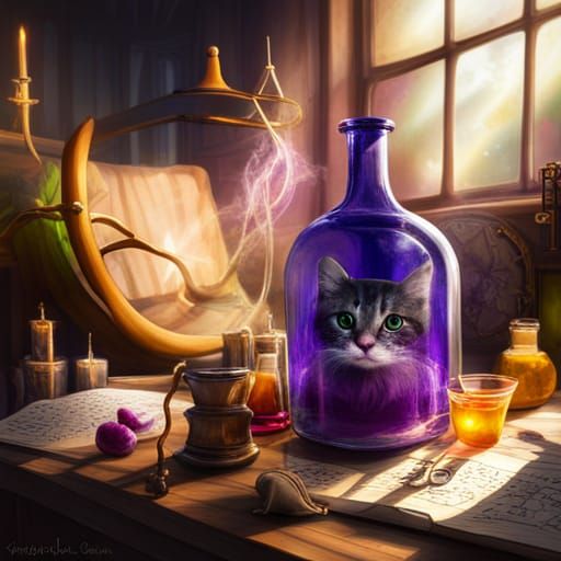 Mystical Potion Cat in a Bottle: Fantasy Art